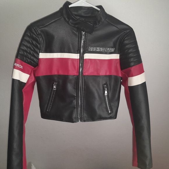 Forever 21 Jackets & Blazers - Black Leather Moto Jacket with Burgundy and White Stripes